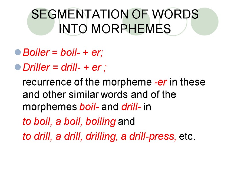 SEGMENTATION OF WORDS  INTO MORPHEMES Boiler = boil- + er; Driller = drill-